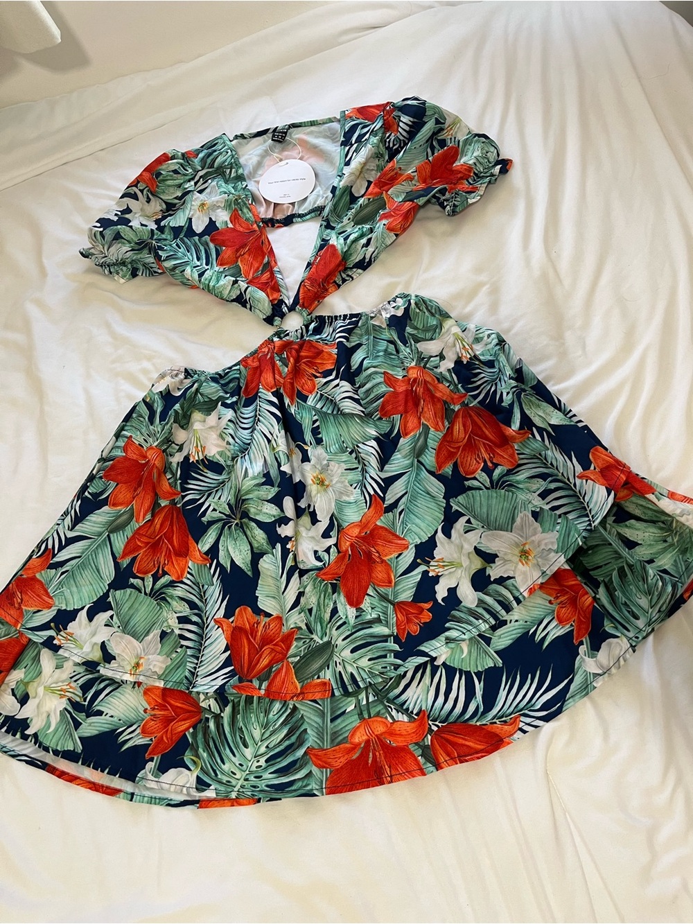 SHEIN Navy Floral Cutout Dress with Red & White Blooms